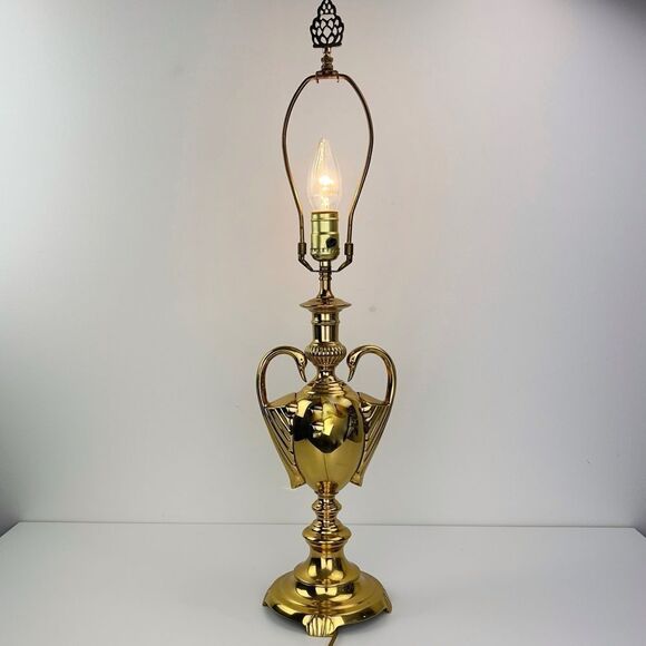 Vintage Hollywood Regency Swan Polished Brass Table Lamp 28” H - Picture 4 of 13